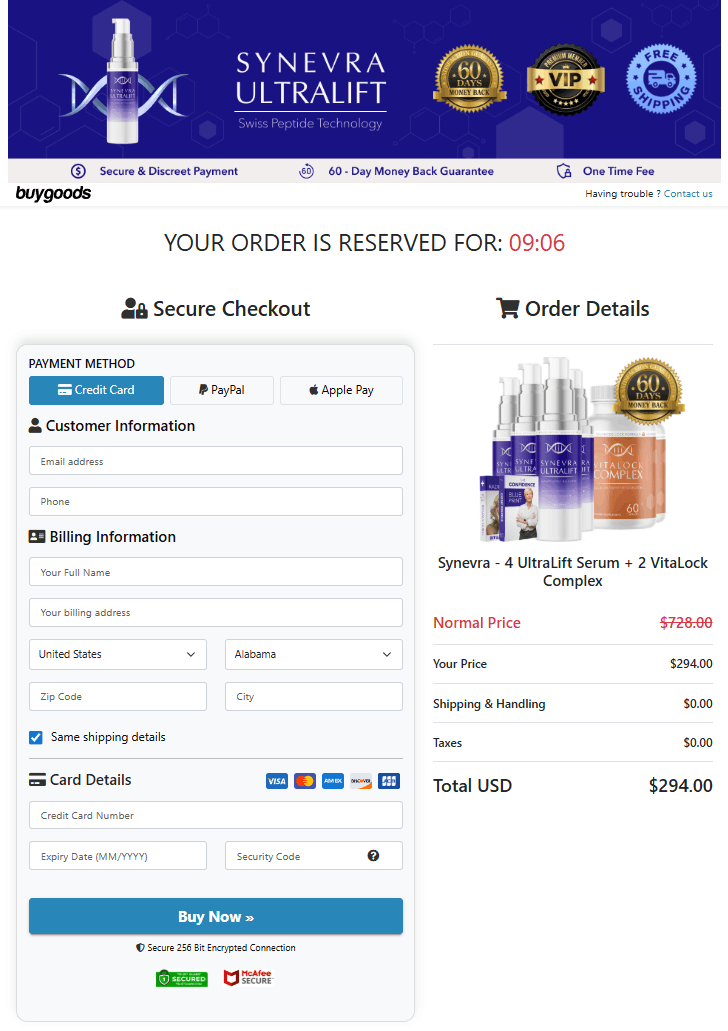 Synevra UltraLift order checkout page